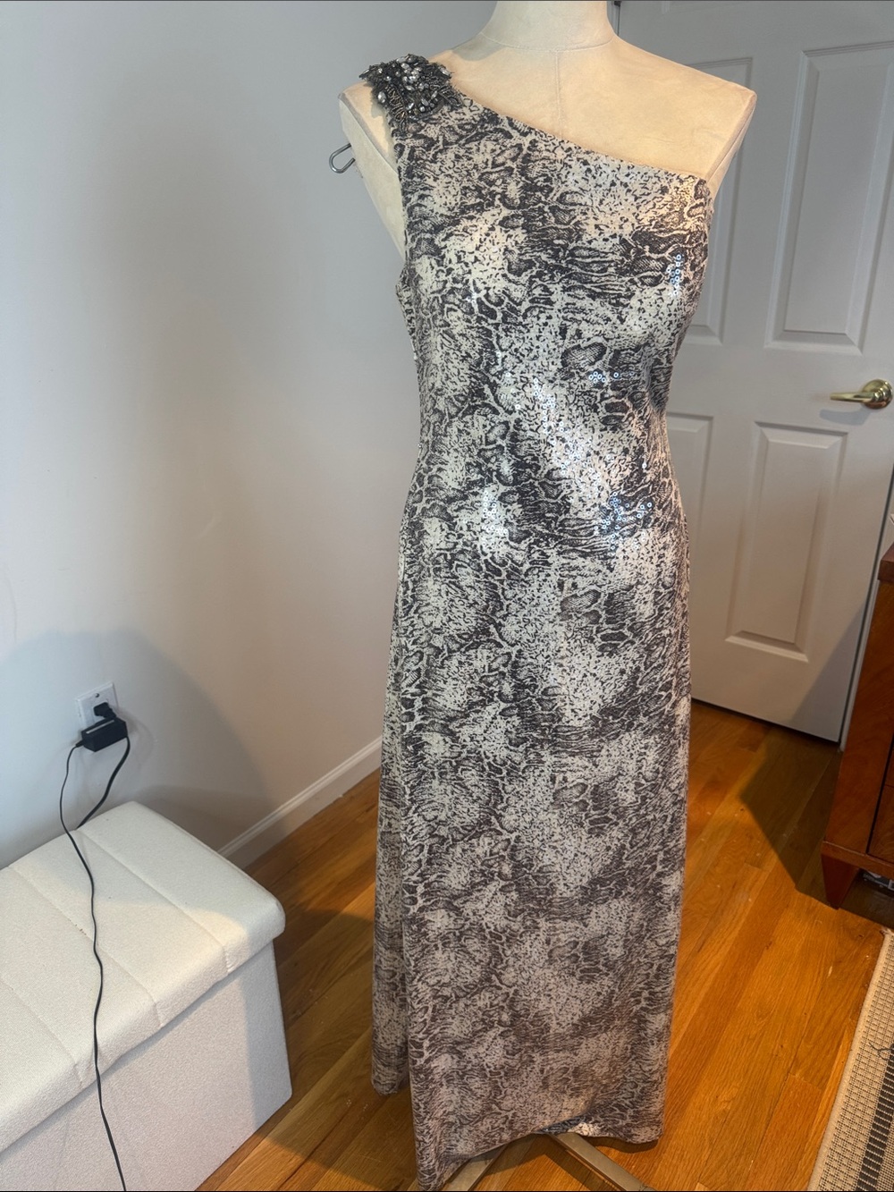 Cachet One-Shoulder sequin and bead evening gown